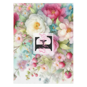 Monogram name on watercolor Flowers in pastels Th Tablecloth