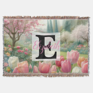 Monogram name on watercolor Flowers in pastels Th Throw Blanket