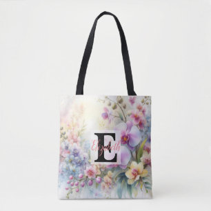 Monogram name on watercolor Flowers in pastels Tote Bag