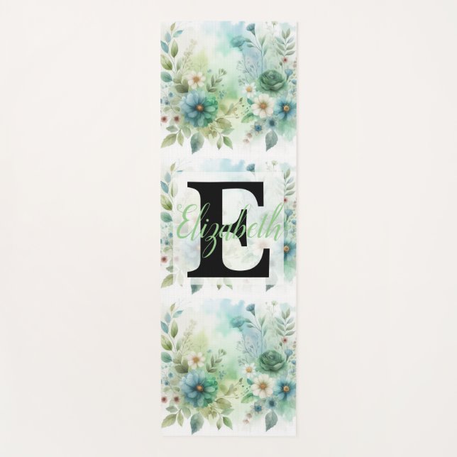 Monogram name on watercolor Flowers in pastels  Yoga Mat (Front)