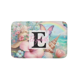 Monogram name on watercolor Flowers sea seashells Bath Mat