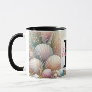 Monogram name on watercolor Flowers sea seashells Mug