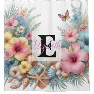 Monogram name on watercolor Flowers sea seashells Shower Curtain