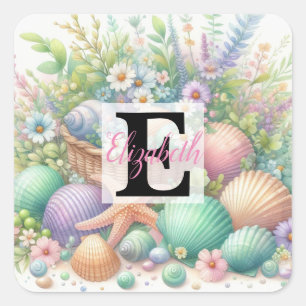 Monogram name on watercolor Flowers sea seashells Square Sticker