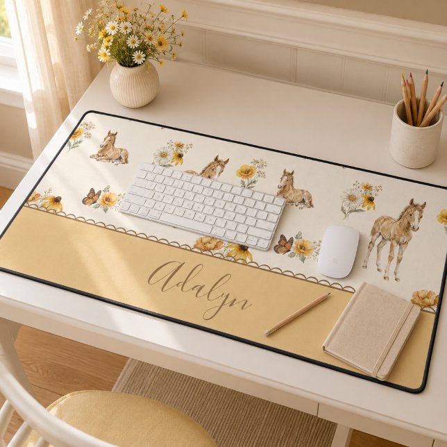Monogram Name Orange Horse Wildflower Pattern  Desk Mat (Creator Uploaded)