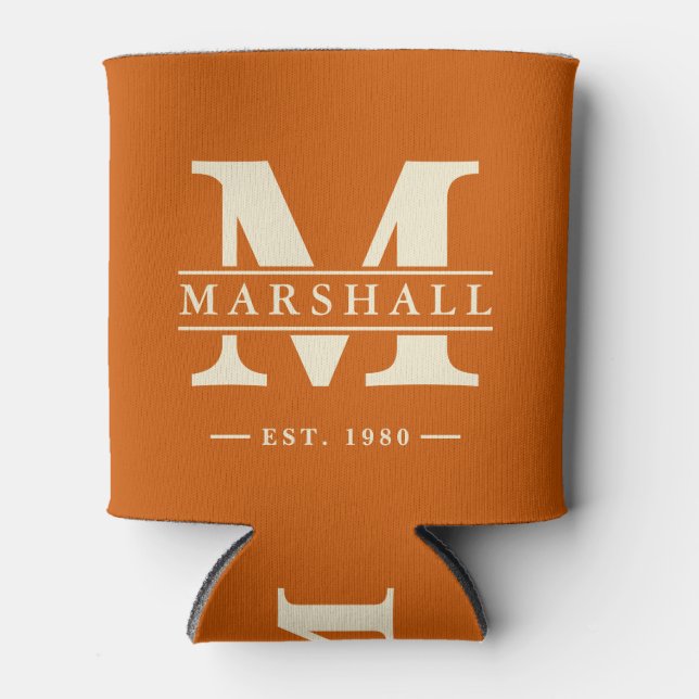 Monogram & Name Overlay Mid-Century Pumpkin Can Cooler (Front)