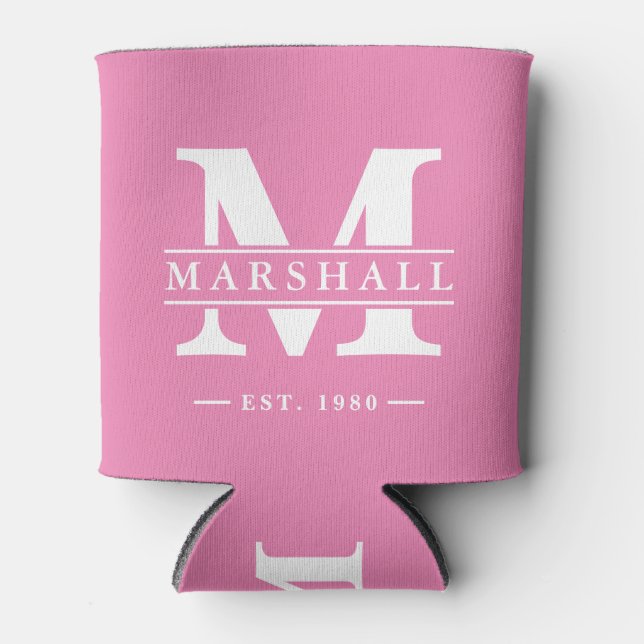 Monogram & Name Overlay Pink Can Cooler (Front)