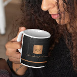 Monogram name personalized black gold elegant  coffee mug<br><div class="desc">Luxury exclusive looking office or personal monogrammed coffee mug featuring a faux copper brushed metallic gold square with your monogram name initials and a metal look stripe over a stylish black faux leather texture (PRINTED) background. Suitable for small business, corporate or independent business professionals, personal branding or stylists specialists, makeup...</div>