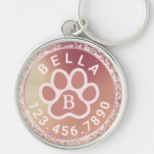 Monogram Name & Phone   Peach Pink Round Pet Tag Key Ring
