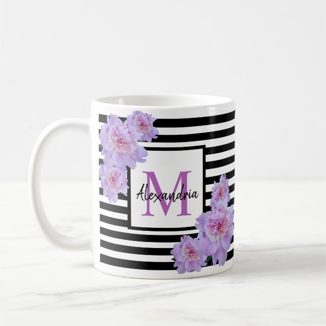 Monogram Name Pink  Flower Black Stripe Coffee Mug (Left)