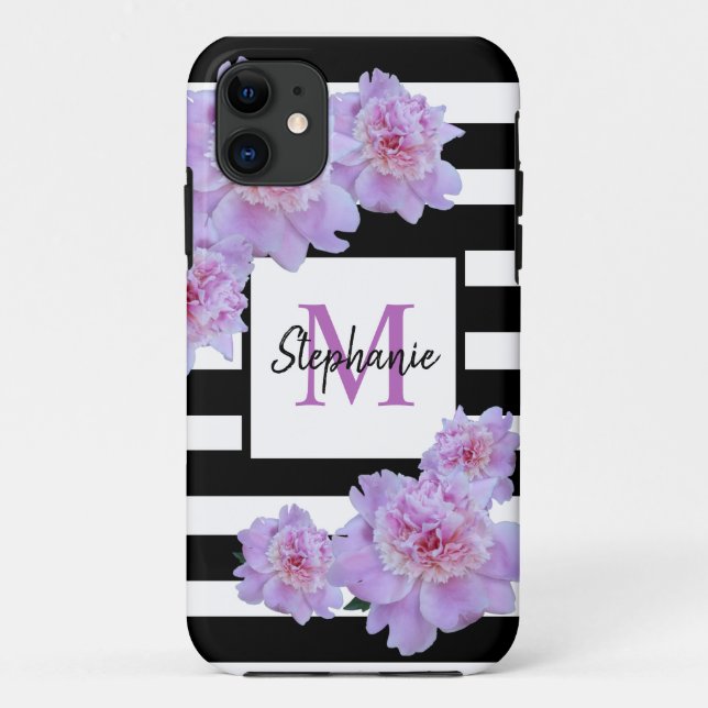 Monogram Name Pink  Flower Black Stripe Purple Case-Mate iPhone Case (Back)