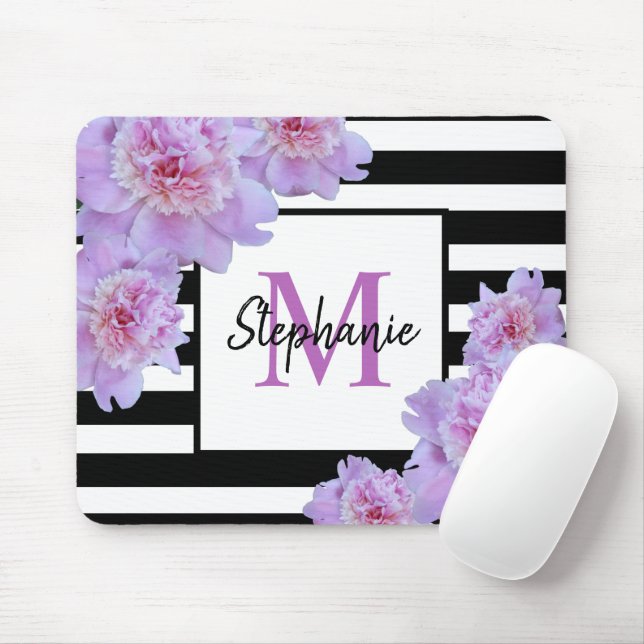 Monogram Name Pink  Flower Black Stripe Purple Mouse Pad (With Mouse)