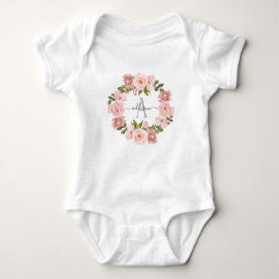 Monogram Name Pink Flowers Floral Wreath Baby Bodysuit