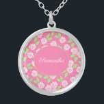 Monogram Name Pink Green Floral Script Calligraphy Silver Plated Necklace<br><div class="desc">Monogram this pretty pink and green floral locket necklace with your name or initials. These necklaces make great bridesmaids gifts,  Mother's day gifts and gifts for any woman in your life.</div>