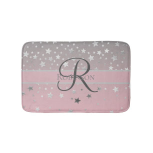 Monogram Name Pink Grey Silver Stars Trendy Bath Mat
