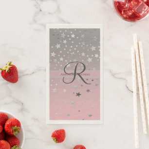 Monogram Name Pink Grey Silver Stars Wedding Napkin
