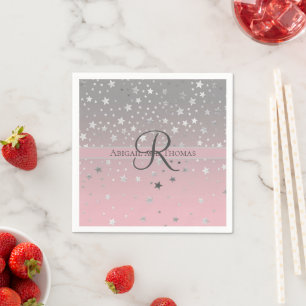Monogram Name Pink Grey Silver Stars Wedding Napkin