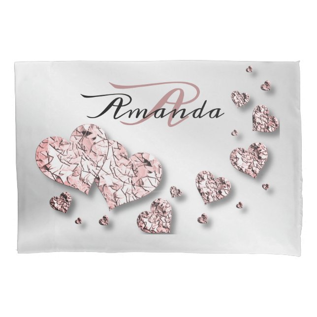Monogram Name Pink Peach Shiny Hearts Geometric Pillowcase (Front)
