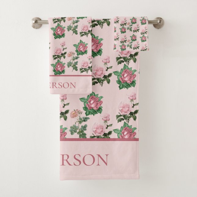 Monogram Name Pink Roses Floral Shabby Chic Bath Towel Set (Insitu)