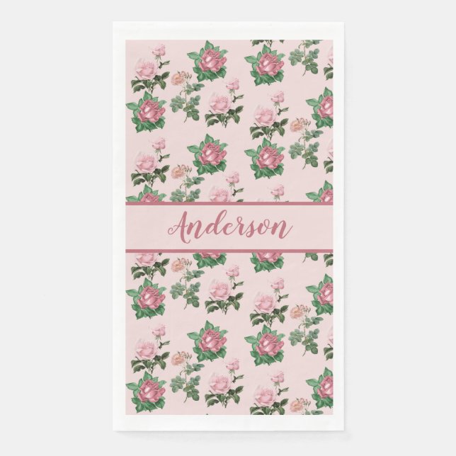 Monogram Name Pink Roses Floral Shabby Chic Napkin (Front)