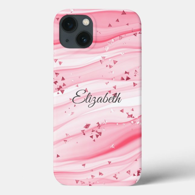 Monogram Name Pink Swirls Marble Sparkles Trendy Case-Mate iPhone Case (Back)