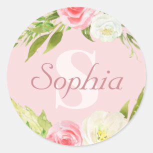 Monogram Name Pink Watercolor Floral Classic Round Sticker