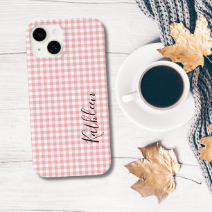 Monogram Name Pink White Gingham Check Plaid Case-Mate iPhone 14 Case