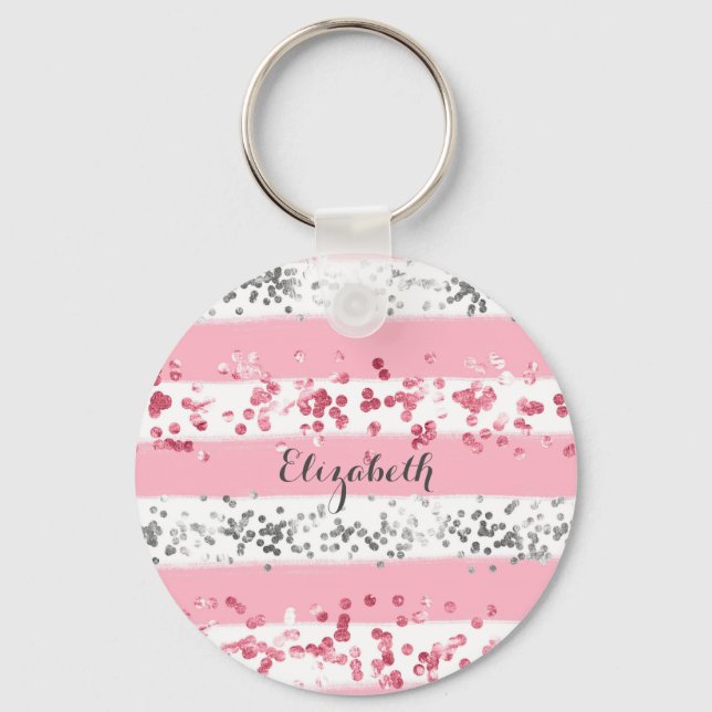 Monogram Name Pink White Grey Glitter Girly Trendy Key Ring (Front)