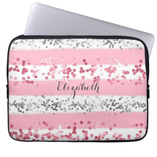Monogram Name Pink White Grey Glitter Trendy  Laptop Sleeve