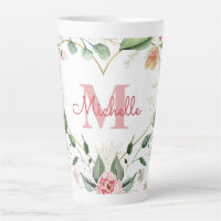Monogram Name Pink White Rose Watercolor Floral
