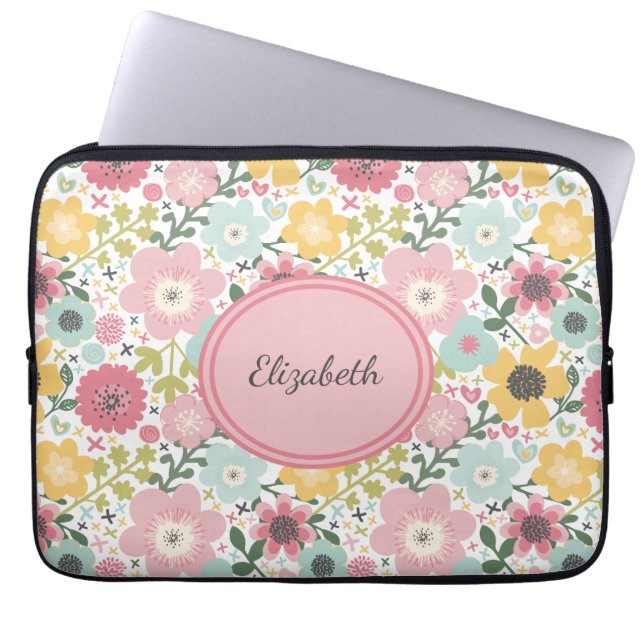 Monogram Name Pink Yellow Blue Floral Feminine  Laptop Sleeve (Front)