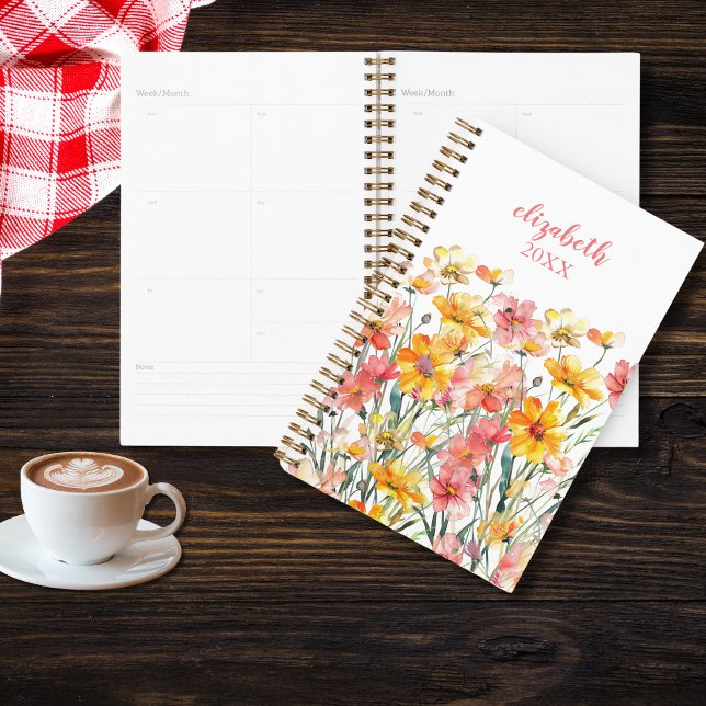 Monogram Name Pink Yellow Wildflowers Floral  Planner (Monogrammed name initials pink and yellow wildflowers floral yearly planner)