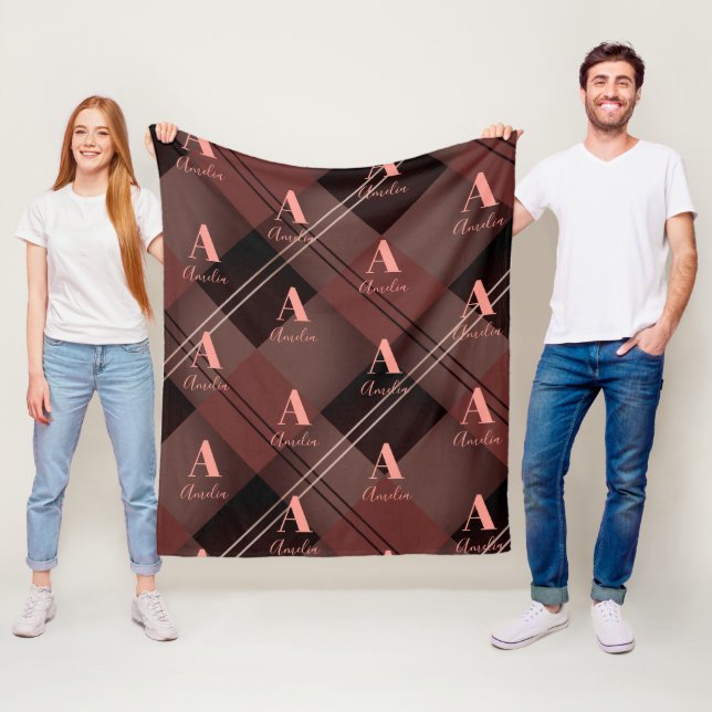 Monogram Name Plaid Burgundy Maroon Fleece Blanket (In Situ)