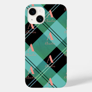 Monogram Name Plaid Green Case-Mate iPhone 14 Case