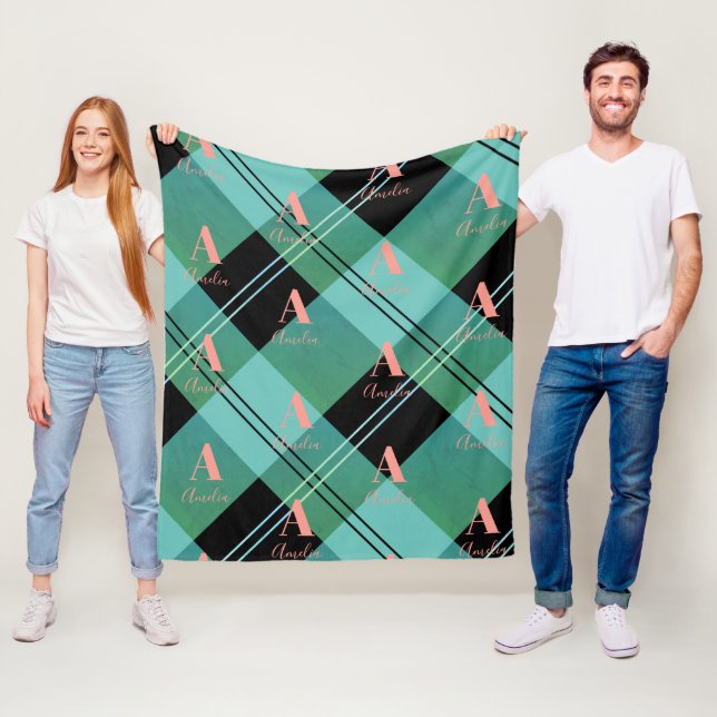 Monogram Name Plaid Green Pink Fleece Blanket (In Situ)