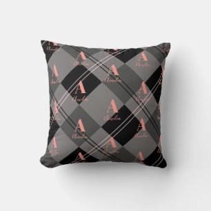 Monogram Name Plaid Grey Black Pink Cushion
