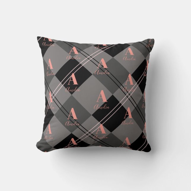Monogram Name Plaid Grey Black Pink Cushion (Front)