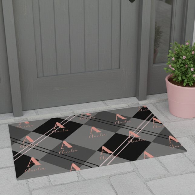 Monogram Name Plaid Grey Pink Doormat (Creator Uploaded)