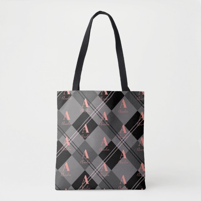 Monogram Name Plaid Pattern Grey Black Pink Tote Bag (Front)
