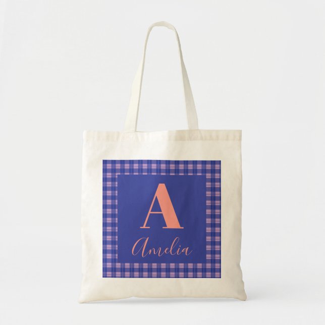 Monogram Name Plaid Purple Pink Tote Bag (Front)
