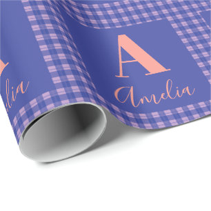 Monogram Name Plaid Purple Pink Wrapping Paper