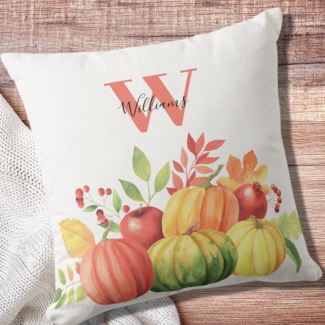 Monogram Name Pumpkin Autumn Throw Pillow (Creator Uploaded)