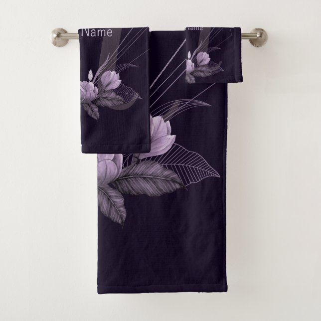 Monogram Name Purple Floral Violet Geometric Frame Bath Towel Set (Insitu)