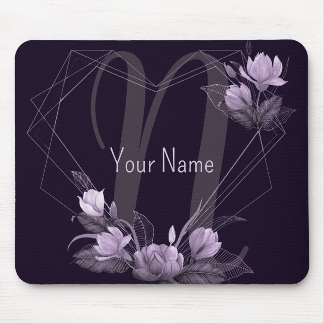 Monogram Name Purple Floral Violet Geometric Frame Mouse Pad (Front)