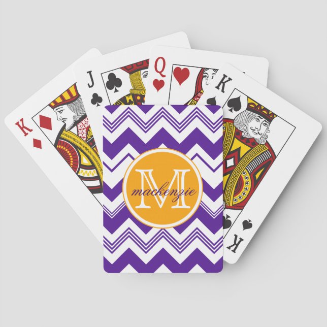 Monogram Name Purple White Chevron Pattern Playing Cards (Back)