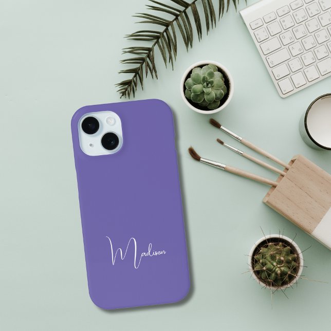 Monogram Name Purple White Minimal Stylish Chic  Case-Mate iPhone Case (Purple White Monogrammed Name Script Font iPhone Case)