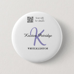 Monogram name purple writer editper QR code busine 6 Cm Round Badge