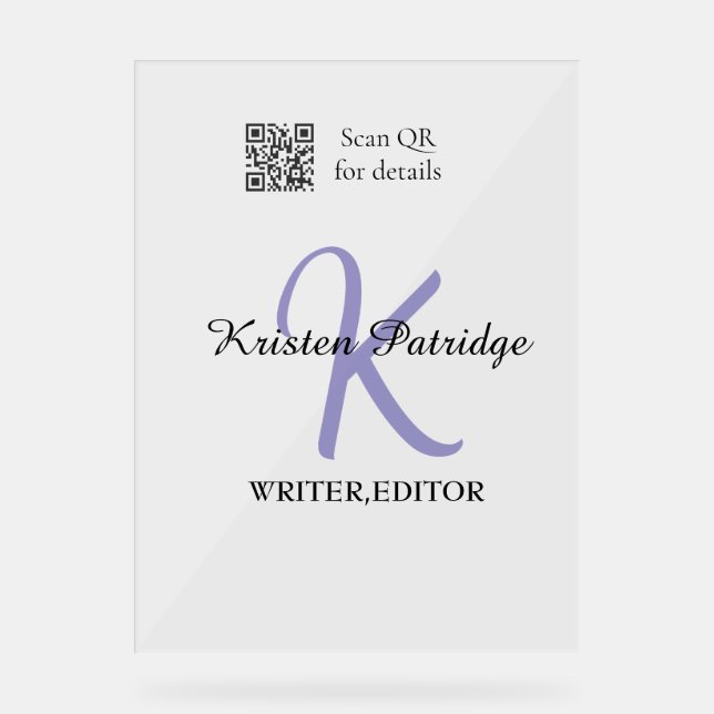 Monogram name purple writer editper QR code busine Acrylic Sign (Front)