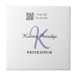 Monogram name purple writer editper QR code busine Ceramic Tile