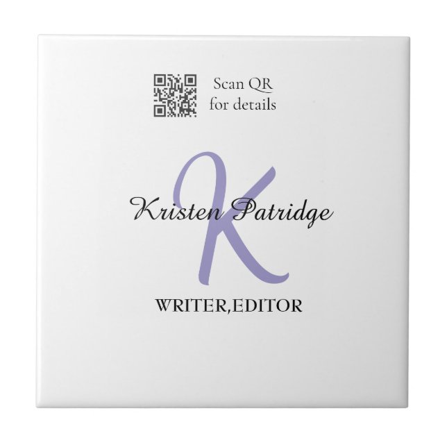 Monogram name purple writer editper QR code busine Ceramic Tile (Front)